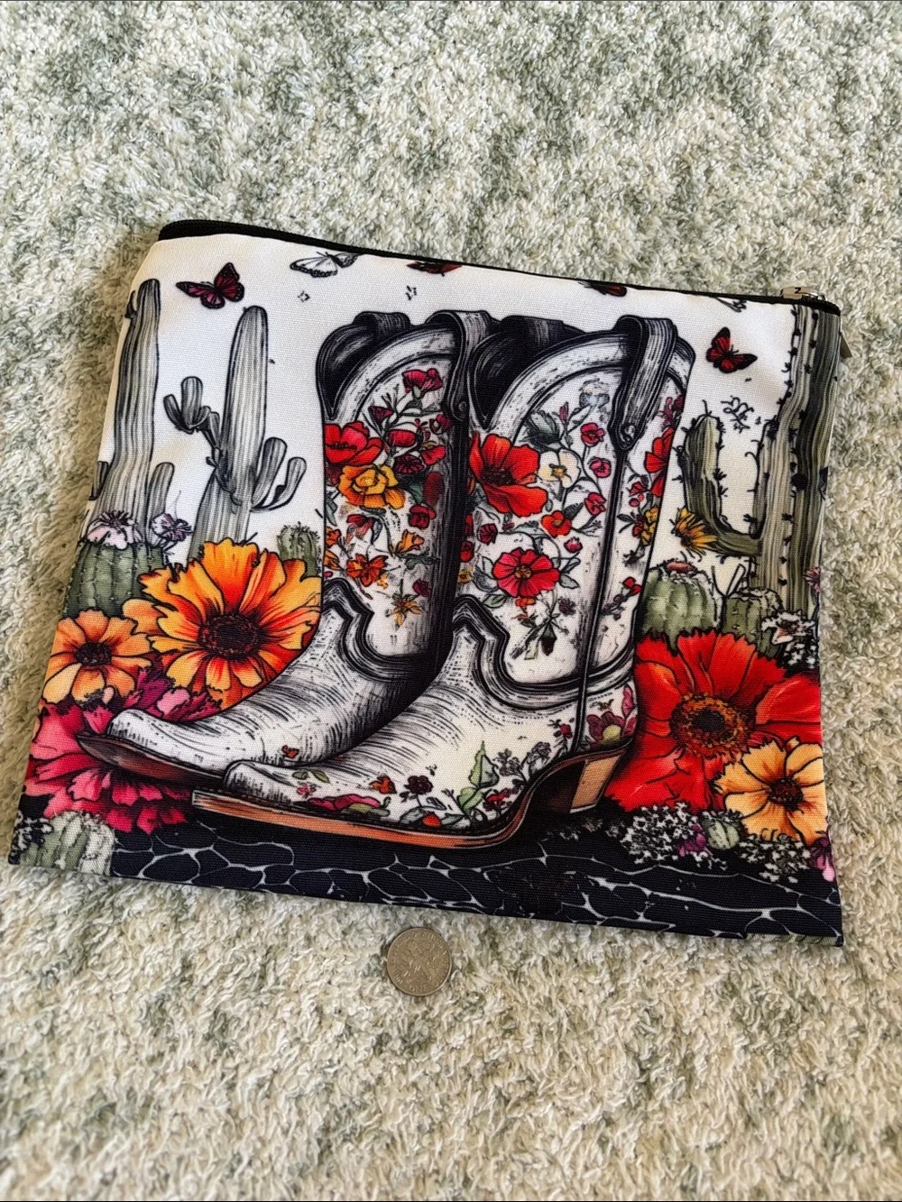 Western Santa Fe Floral Cactus Cowboy Boot Cosmetic Travel Bag Zipper Pouch NWT